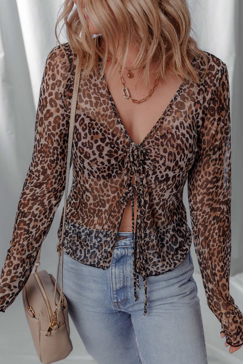 Multicolour Leopard Sheer Mesh Lace Up V Neck Long Sleeve Top