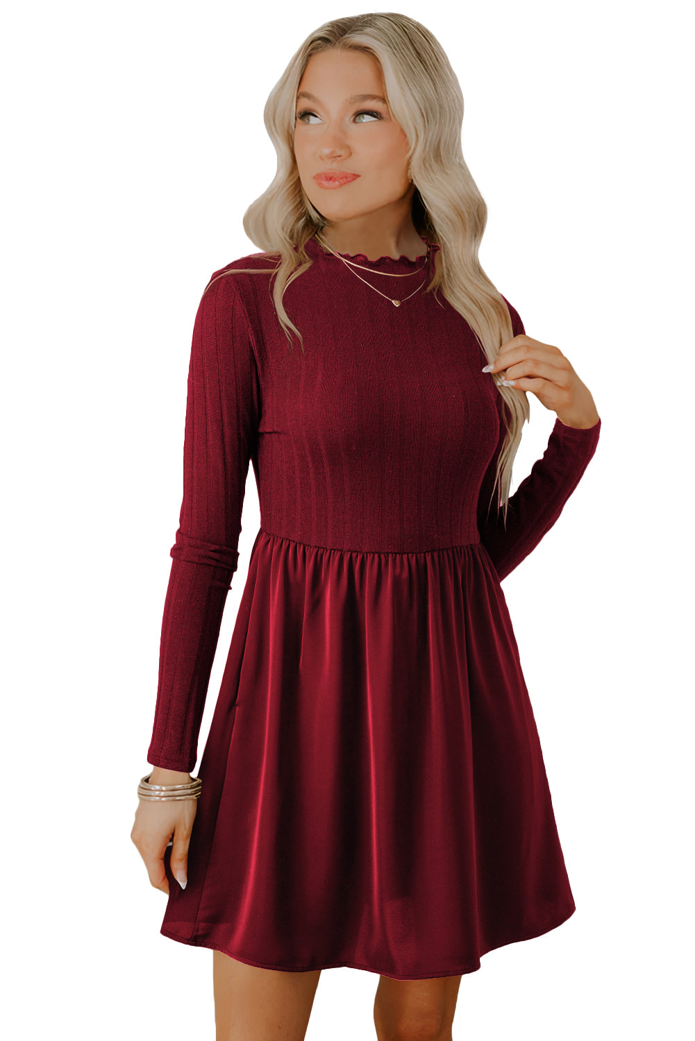Red Dahlia Frilled Neck Ribbed Knit Patchwork Long Sleeve Mini Dress