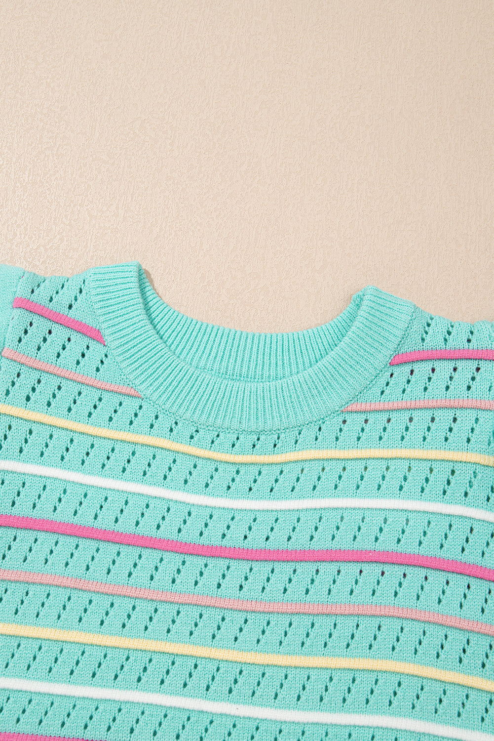 Green Colorful Striped Eyelet Knit Ruffle Top