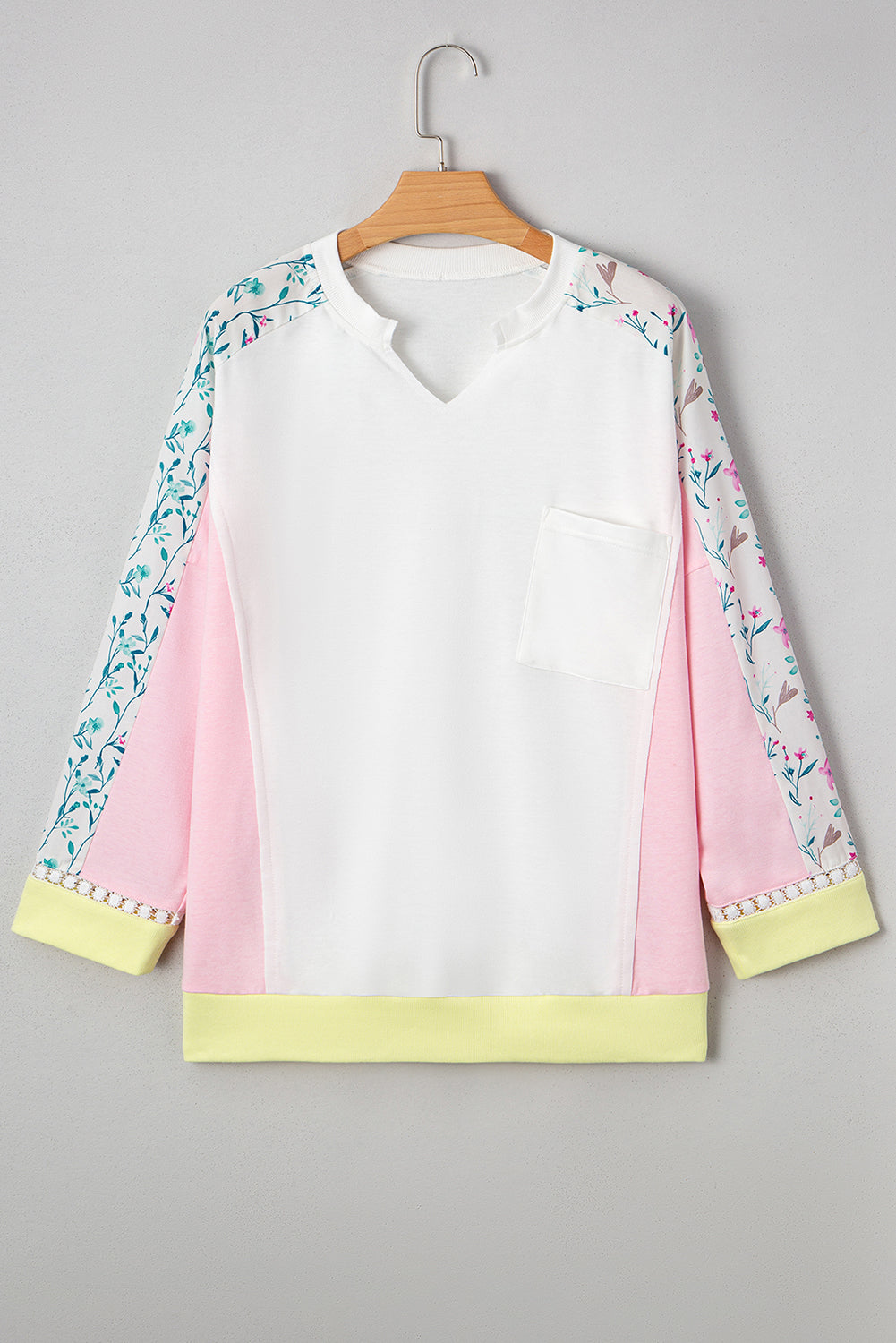 White Floral Colorblock Patchwork Notched Neck Long Sleeve Top