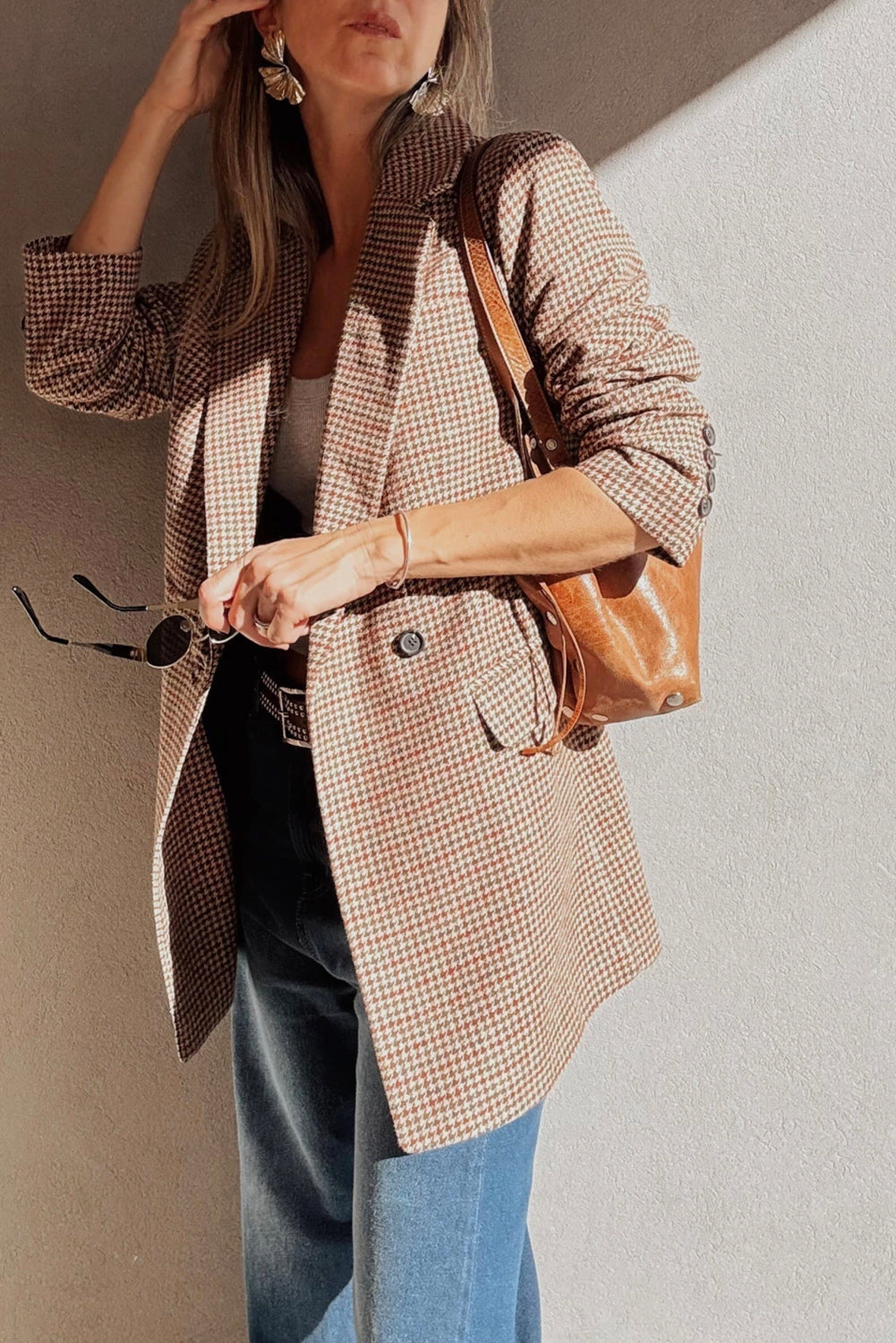 Brown Houndstooth Lapel Collar Blazer