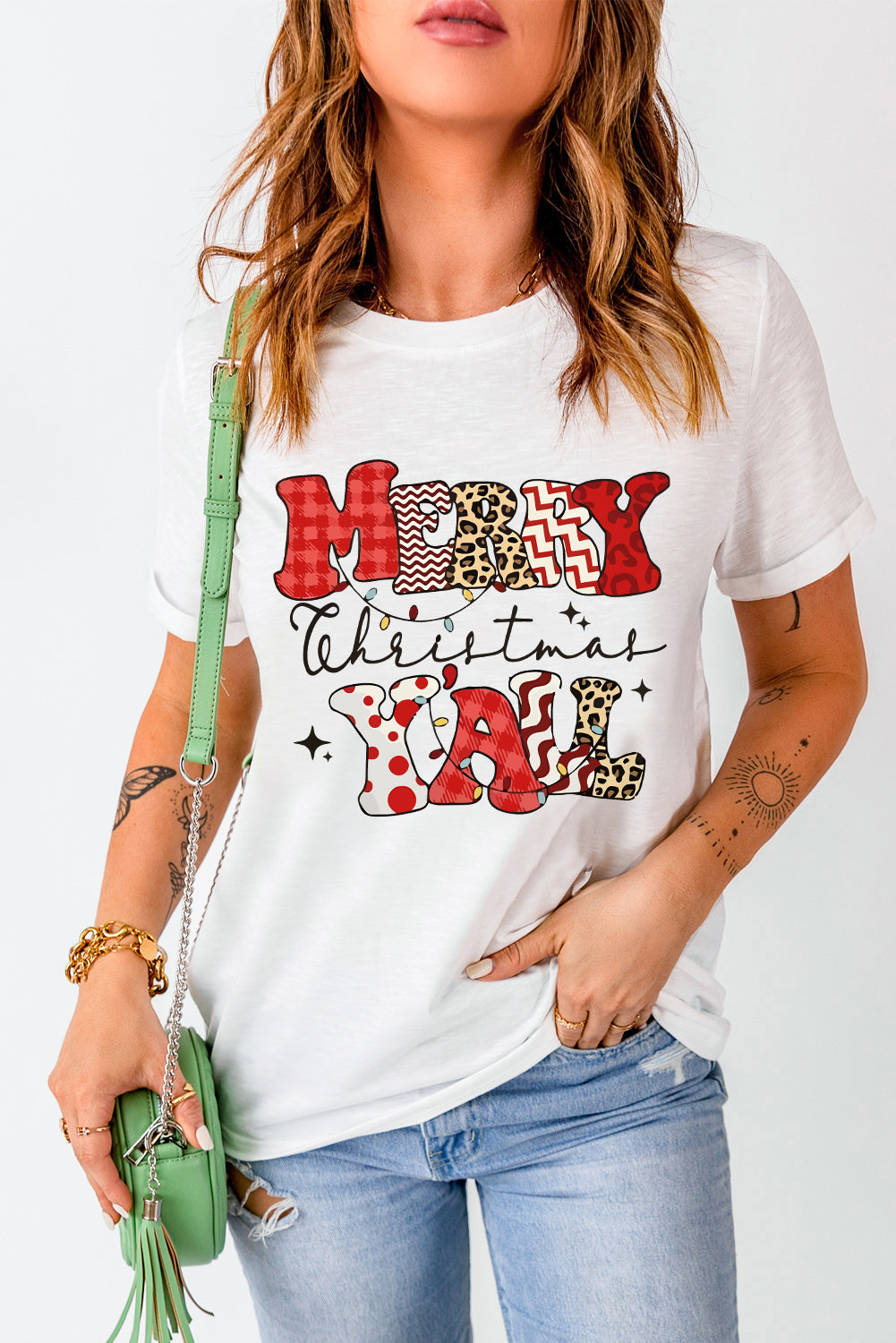 White MERRY Christmas Y'All Graphic Heat Transfer Printing Crewneck T Shirt