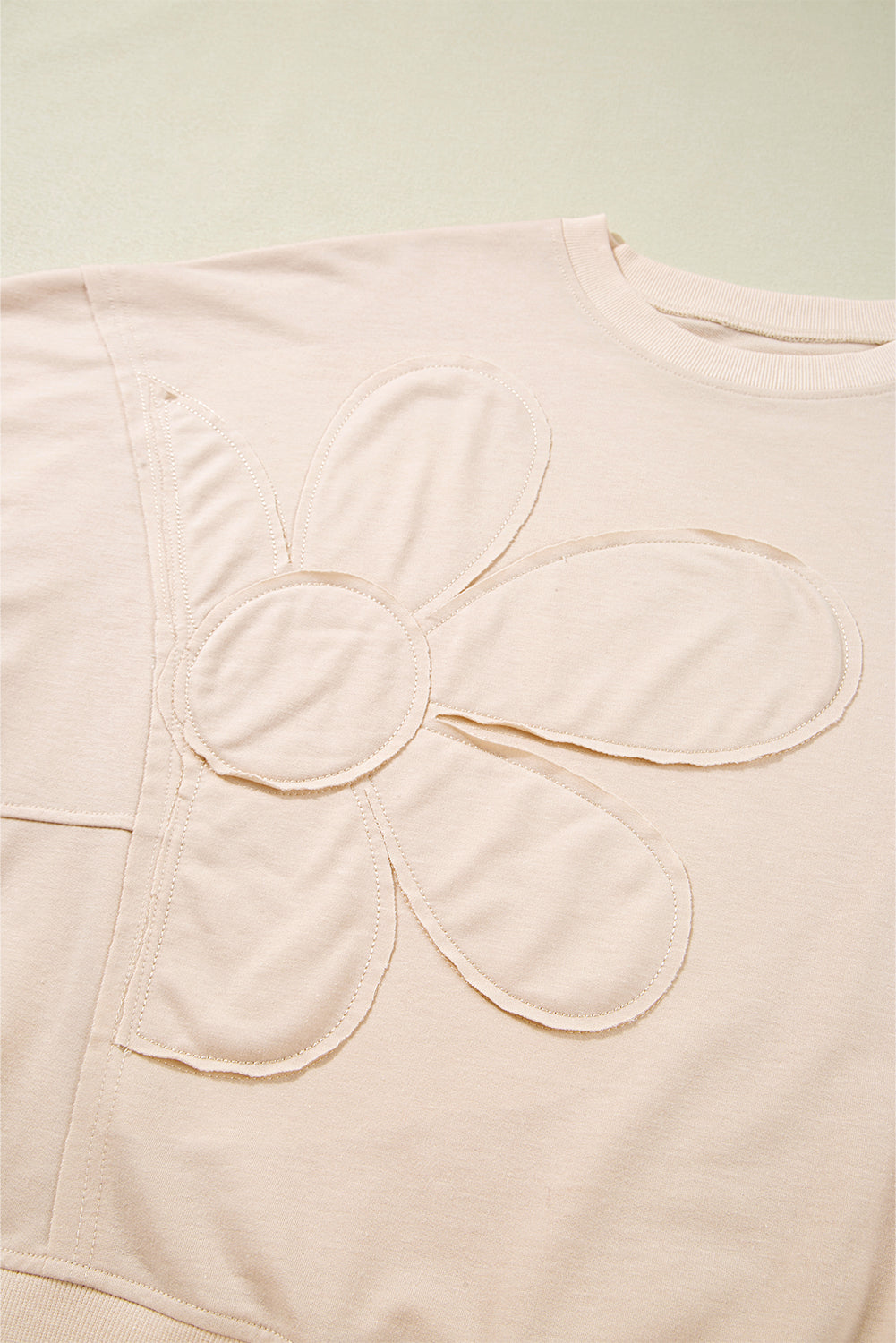 Beige Raw Edge Flower Patch Drop Shoulder Long Sleeve Top