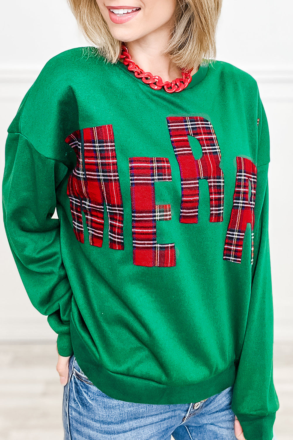 Sea Green Plaid MERRY Christmas Holiday Sweatshirt