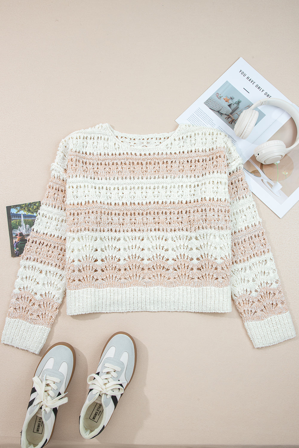 Pink Hollow-out Colorblock Drop Shoulder Casual Sweater