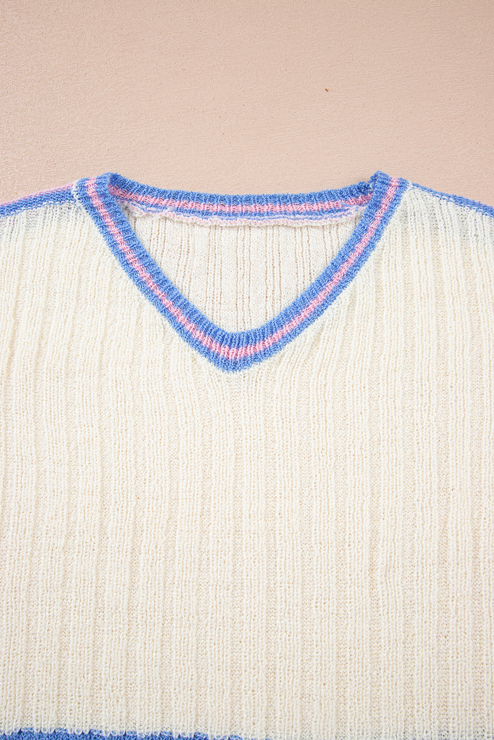 White Striped V Neck Dolman Sleeve Knit Sweater
