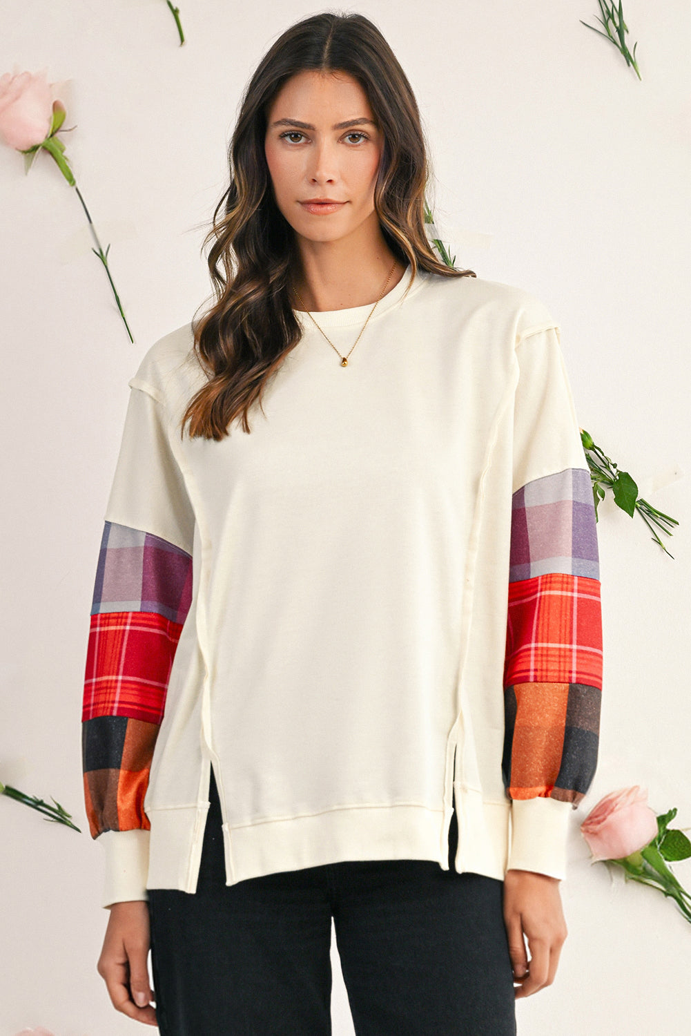 Beige Plaid Patchwork Long Sleeve Exposed Seam Loose Top