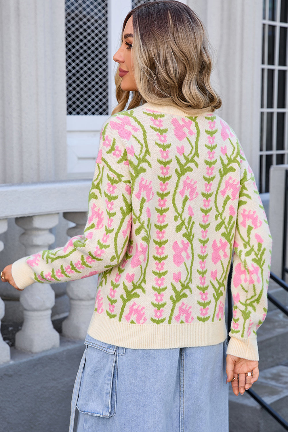 Beige Boho Floral Print Round Neck Sweater