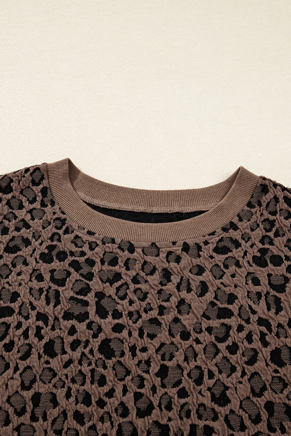 Brown Ribbed Trim Leopard Print Long Sleeve Top