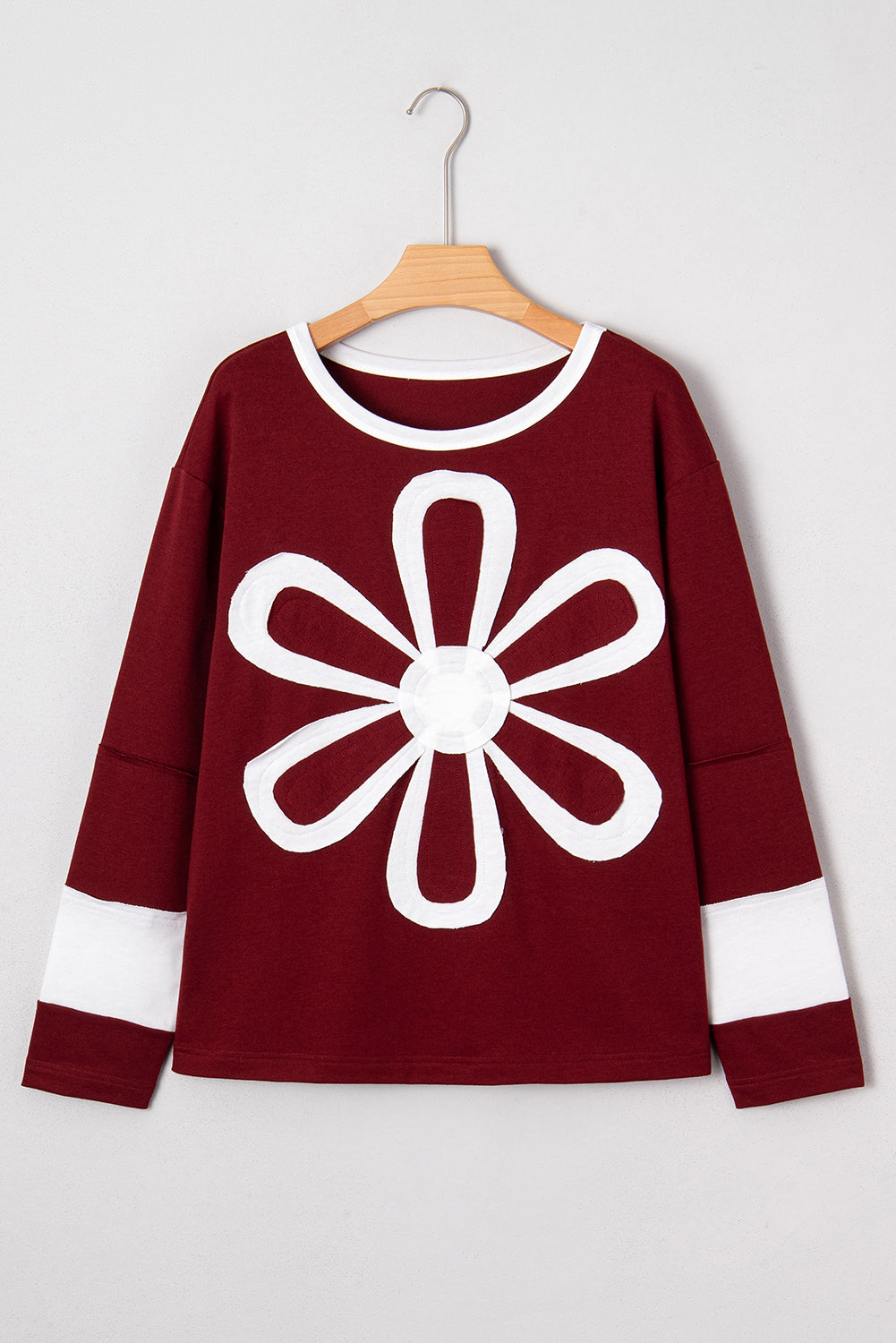 Red Dahlia Cheerful Daisy Flower Patched Round Neck Long Sleeve Top