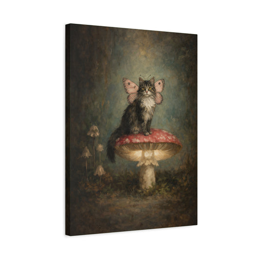 Whimsical Cat on Mushroom Canvas