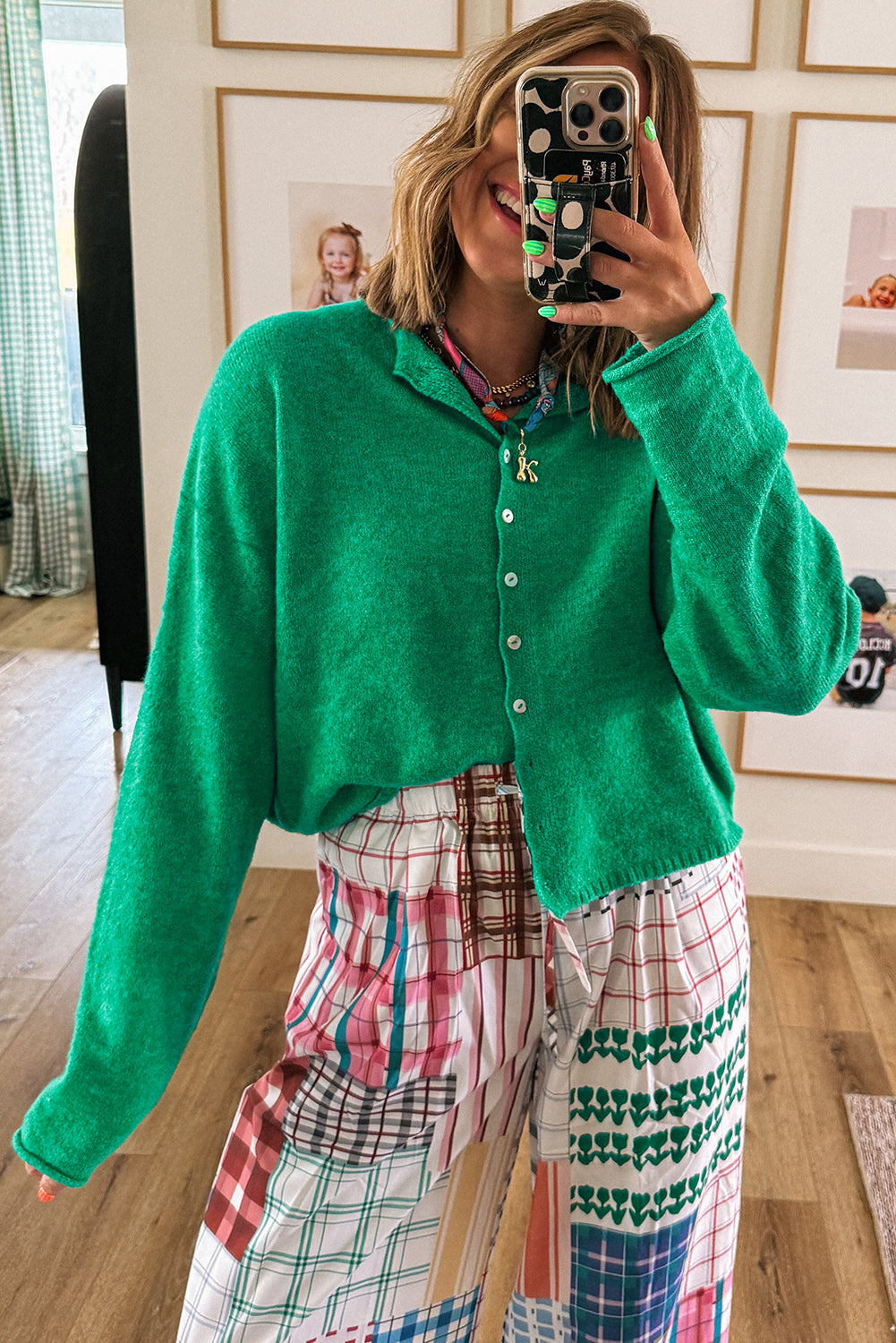 Bright Green Solid Color Button Drop Shoulder Knit Cardigan