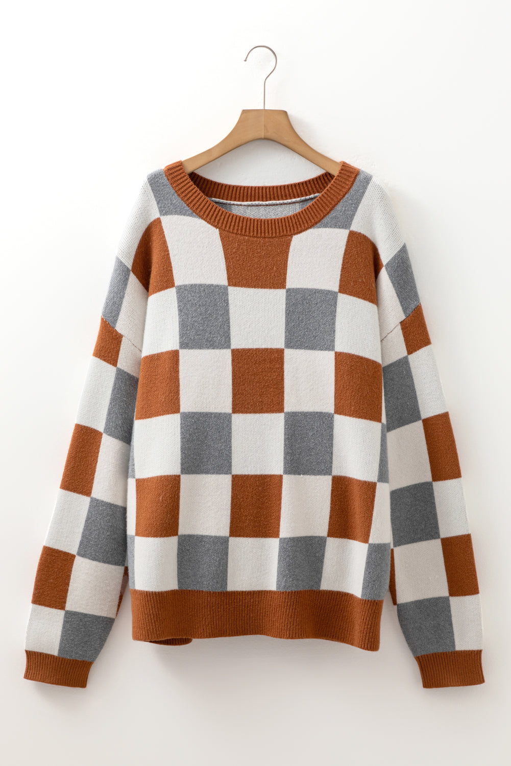 Brown Colorblock Checkered Drop Sleeve Plus Size Sweater