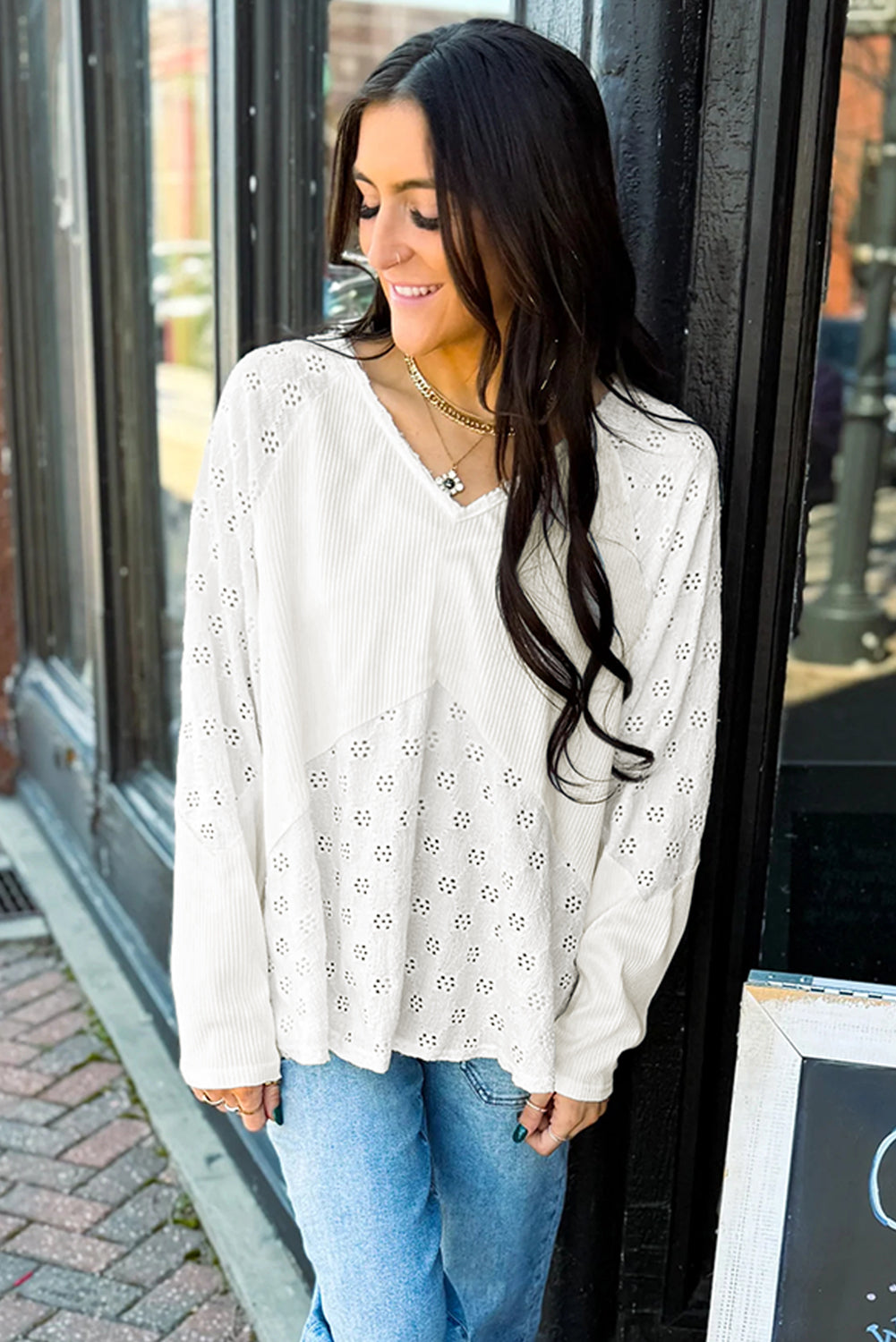 White Twisted Rib Patchwork Floral Embroidered Loose Long Sleeve Top