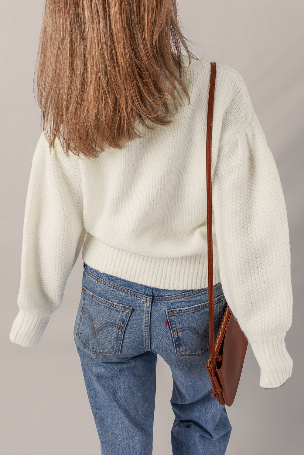 White Flower Detail Round Neck Contrast Textured Puff Sleeve Sweater