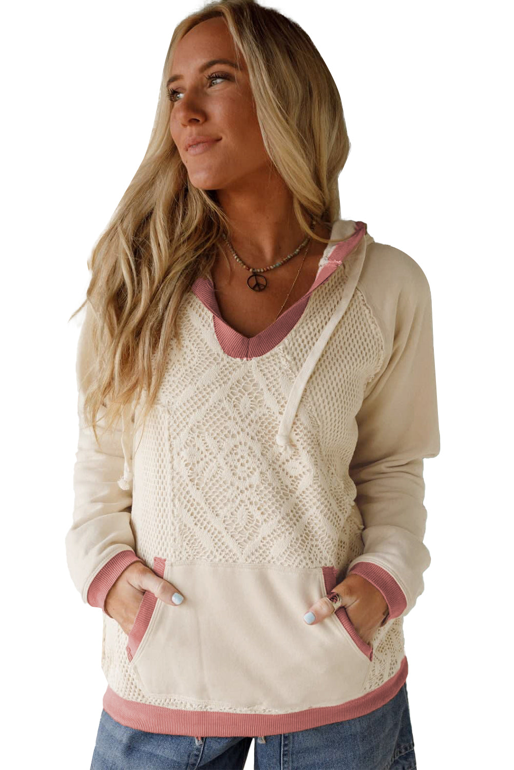 White Contrast Trim Crochet Knit Patchwork Exposed Seam Hoodie