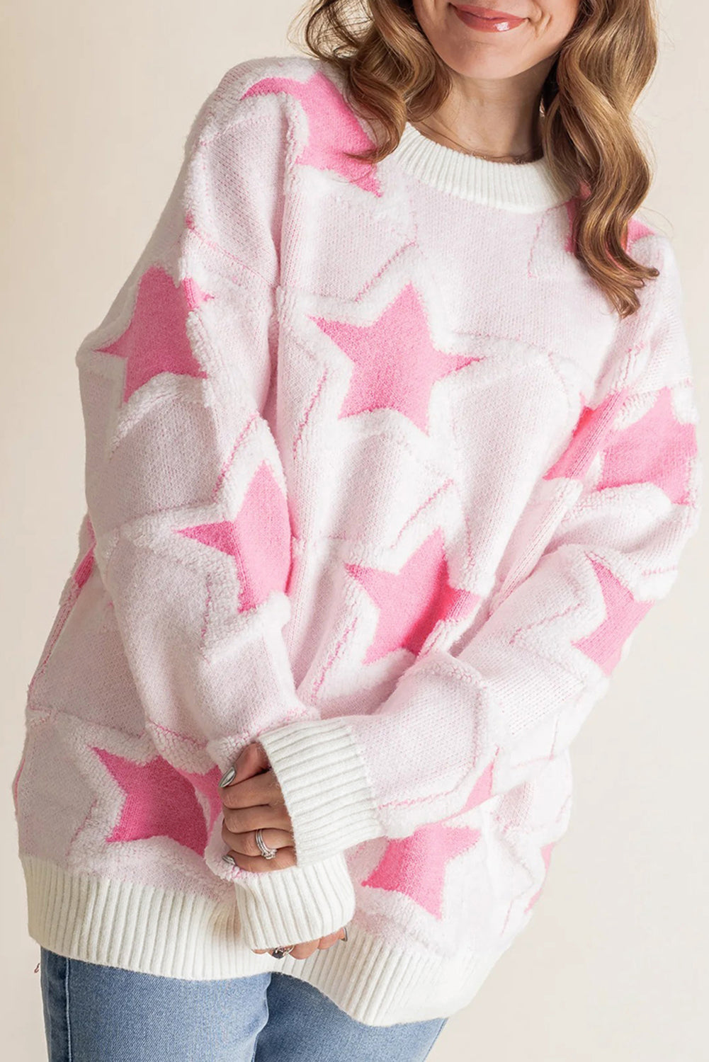 Sachet Pink Star Pattern Drop Sleeve Loose Sweater
