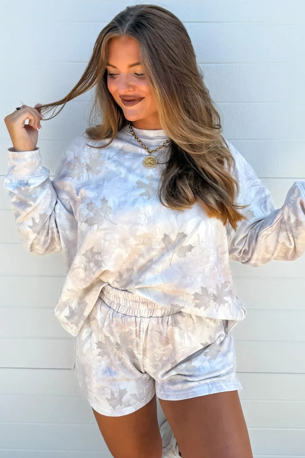 Beige Abstract Maple Leaf Print Long Sleeve Top Elastic Waist Shorts Set