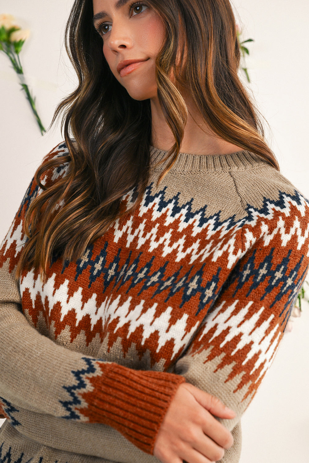 Khaki Geometric Print Colorblock Crew Neck Sweater