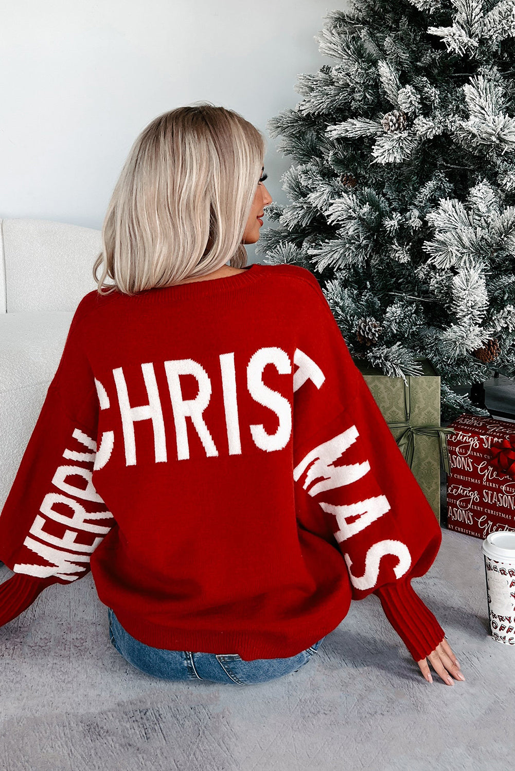 Fiery Red MERRY CHRISTMAS HO HO HO Drop Shoulder Loose Sweater