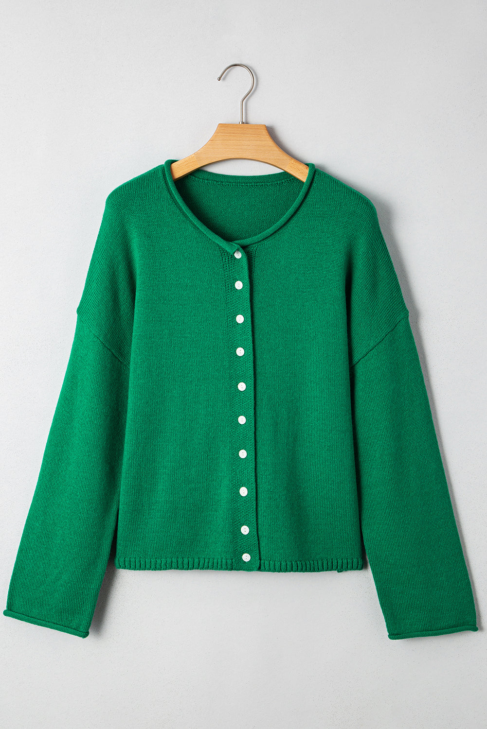 Bright Green Solid Color Button Drop Shoulder Knit Cardigan