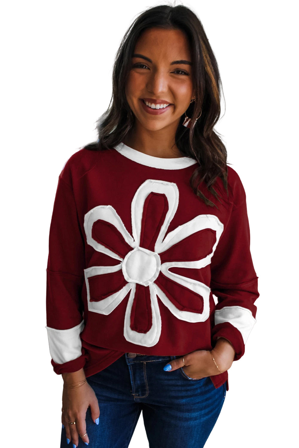 Red Dahlia Cheerful Daisy Flower Patched Round Neck Long Sleeve Top