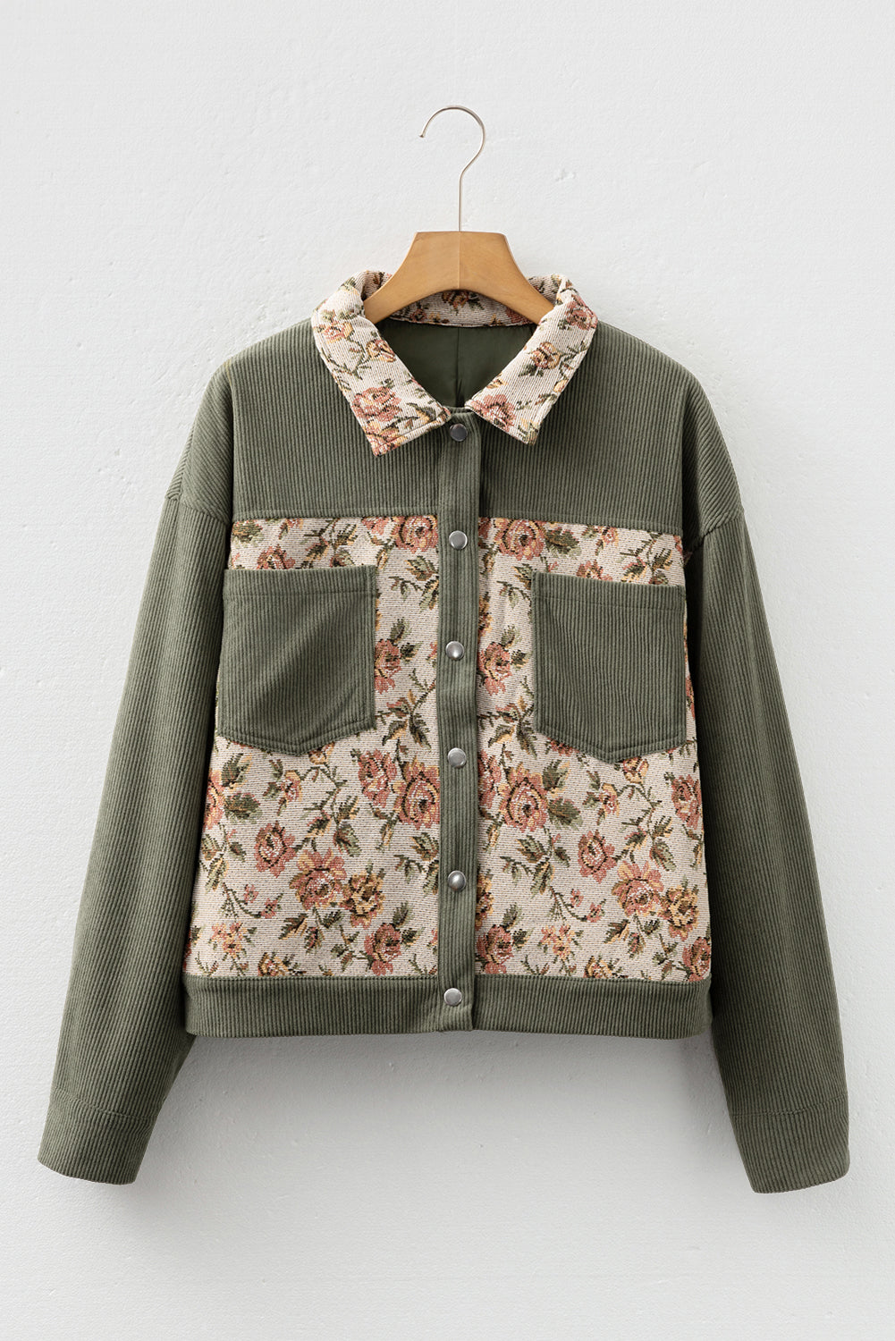Sage Green Ribbed Retro Floral Patchwork Jacket