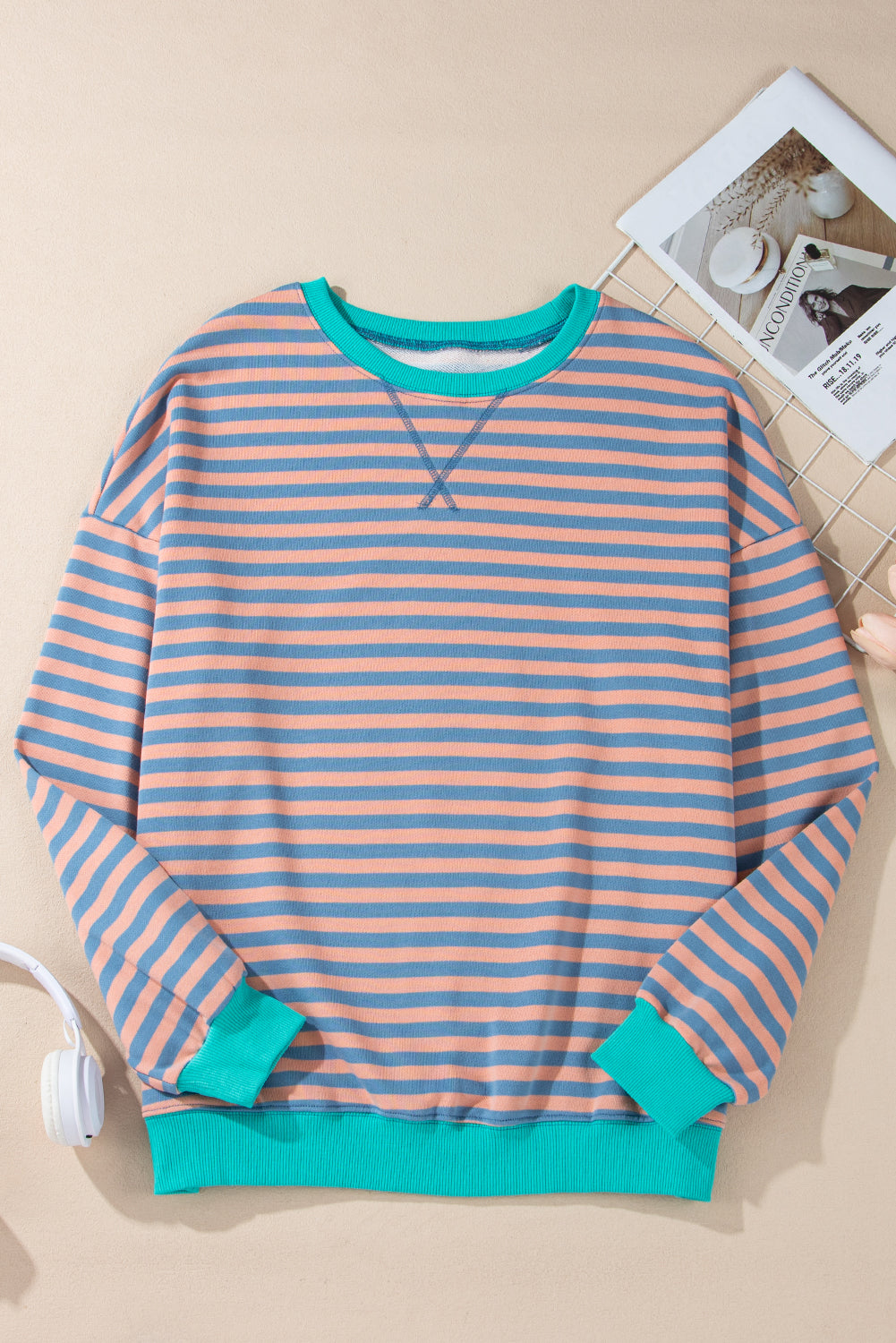 Racing Red Striped Contrast Trim Drop Shoulder Sweatshirt