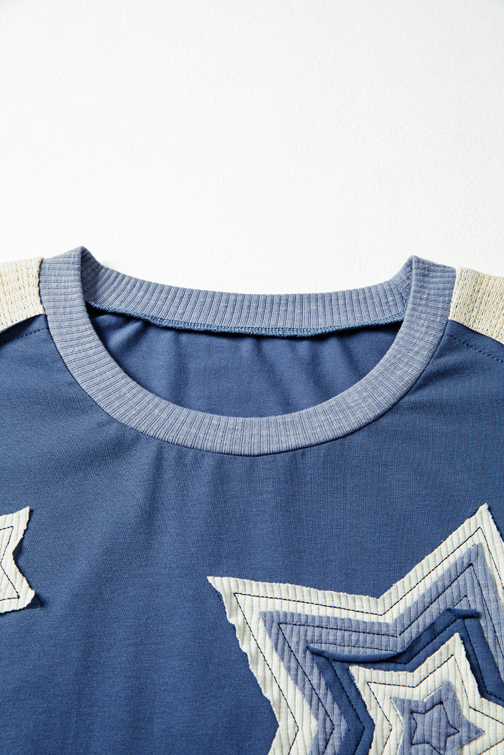 Dark Blue Knitted Colorblock Patchwork Star Patched Long Sleeve Top