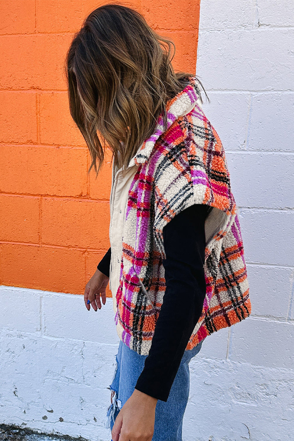 Rose Sherpa Plaid Collared Jacket Vest