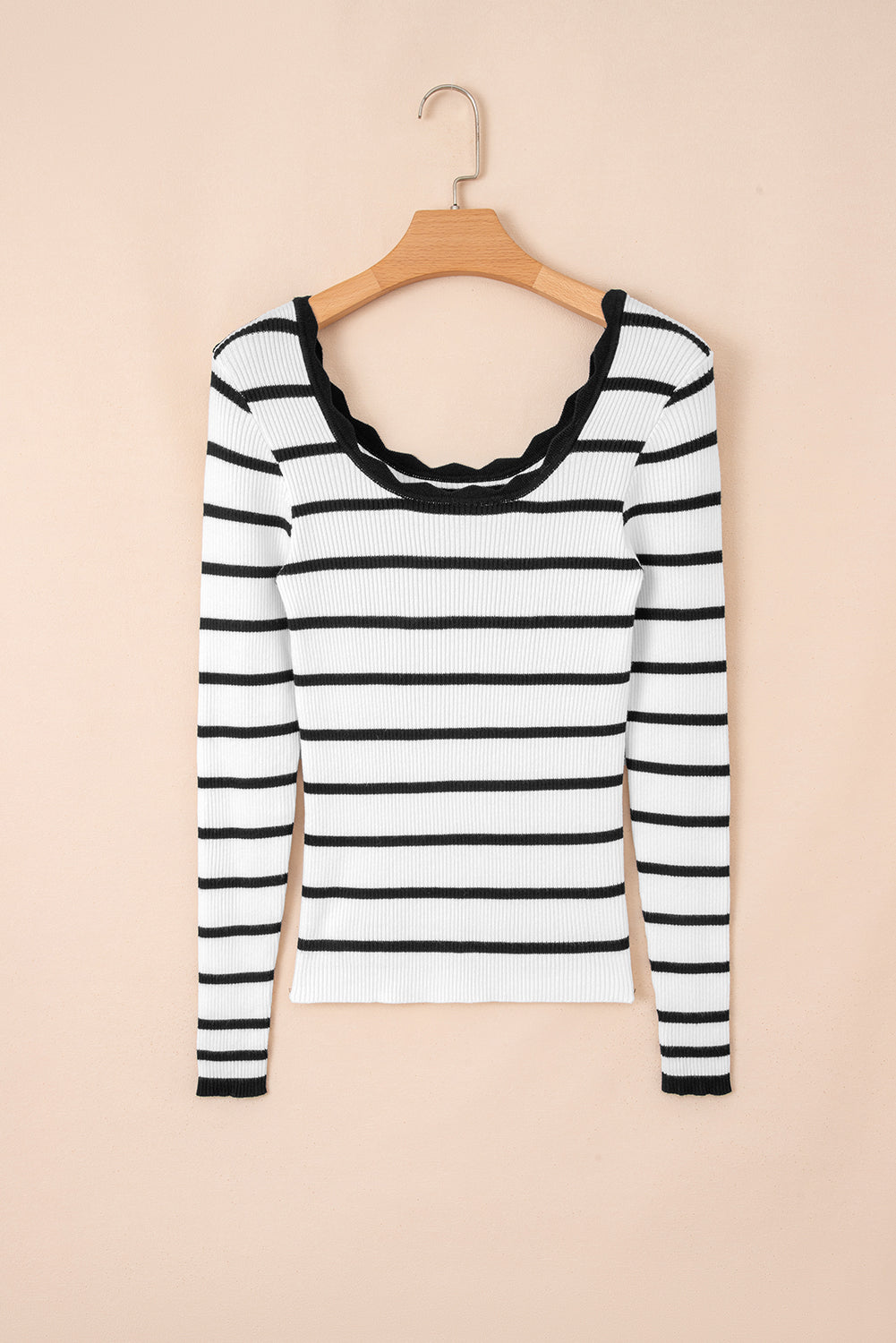 Black White Scalloped Edge Neck Striped Long Sleeve Sweater