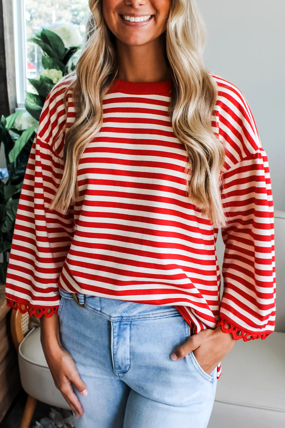 Racing Red Striped Round Neck Contrast Trim Bell Sleeve Top