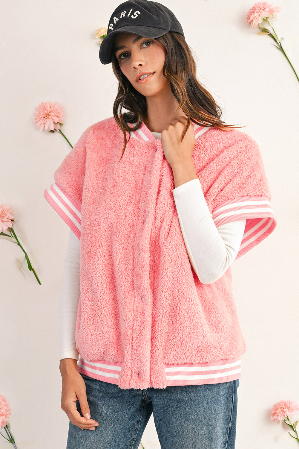 Gossamer Pink Contrast Trim Plush Sleeveless Coat