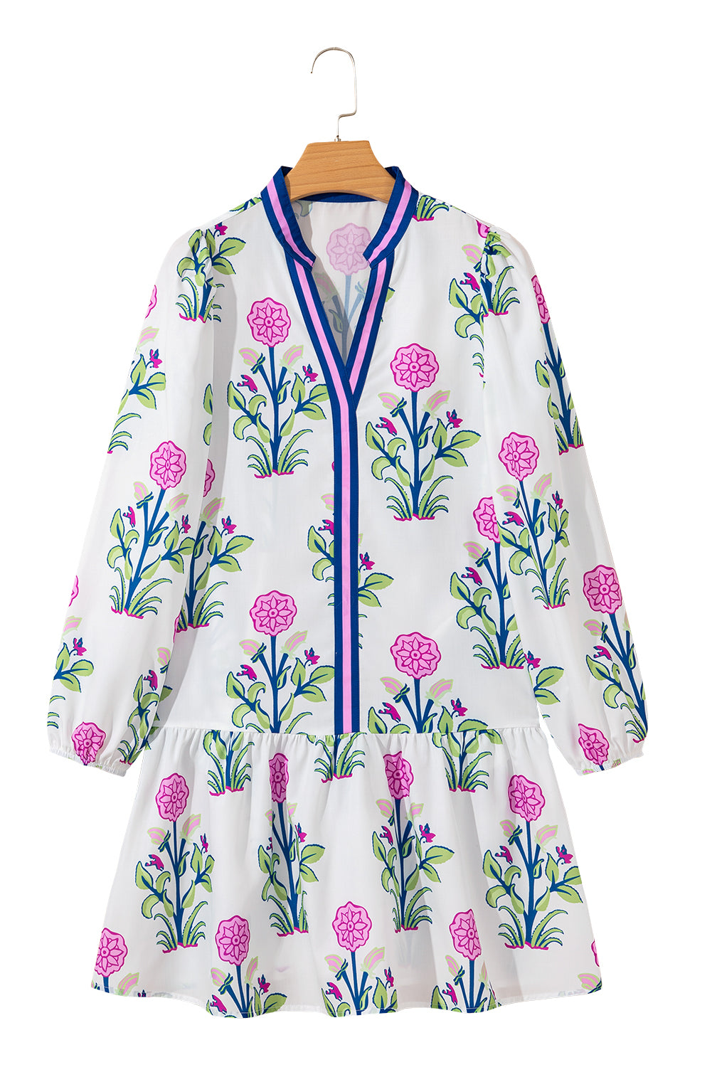 White Floral Print Pop of Color V Neck Mini Dress