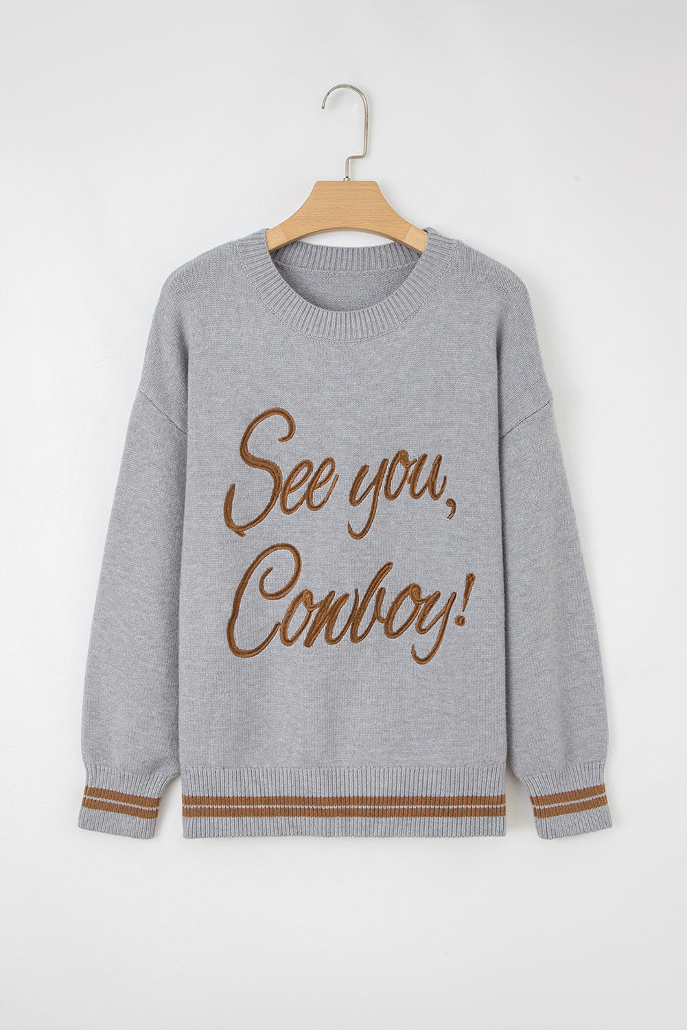 Light Grey Letter Embroidered Graphic Sweater