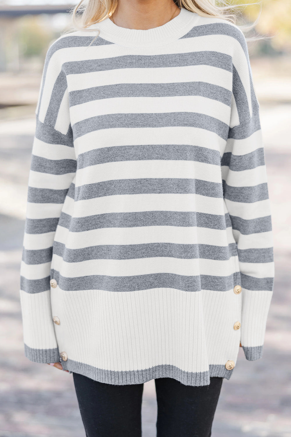 Gray Stripe Ribbed Buttoned Detail Drop Shoulder Tunic Sweater