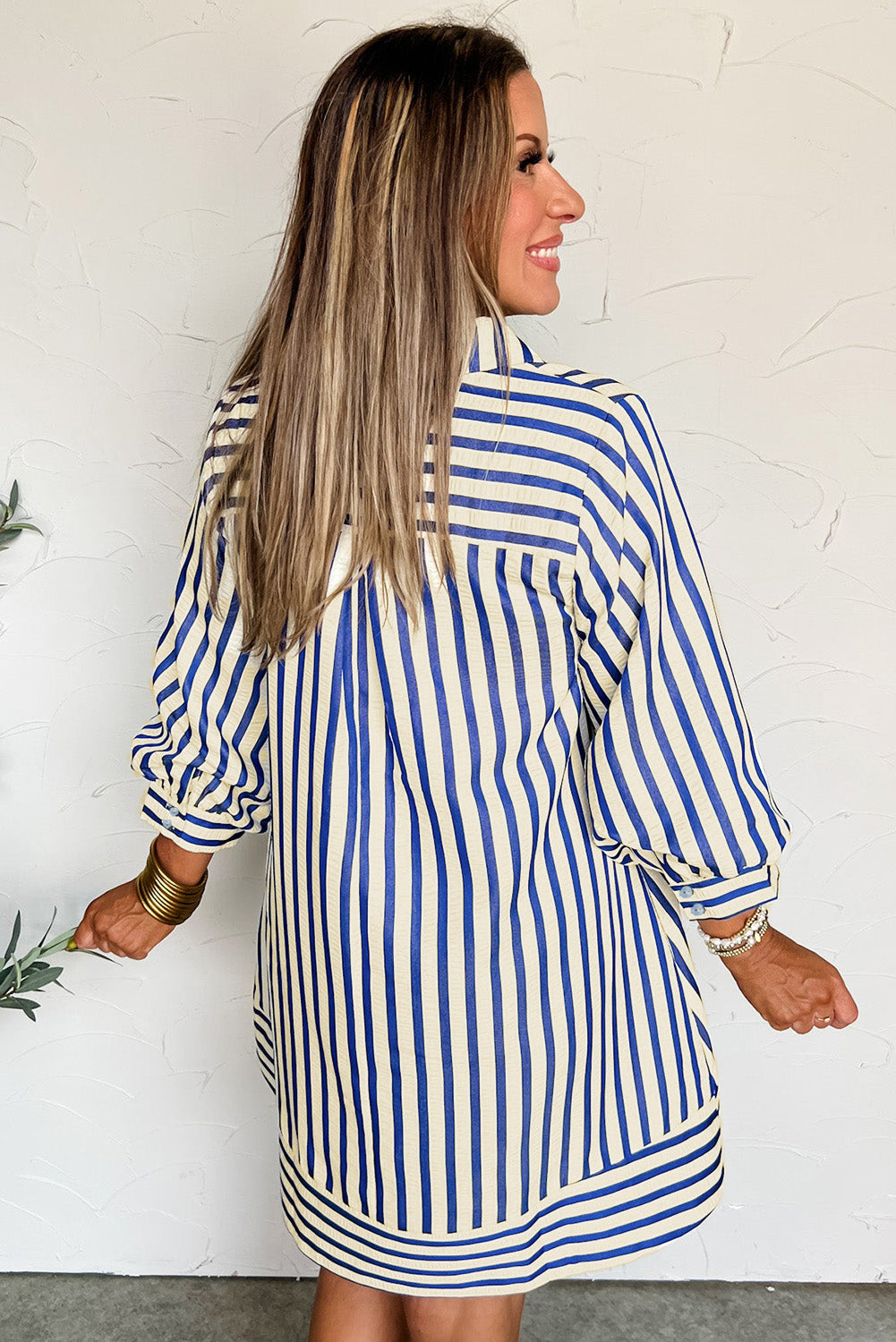 Blue Striped Collared Half Button Side Pockets Loose Fit Mini Dress