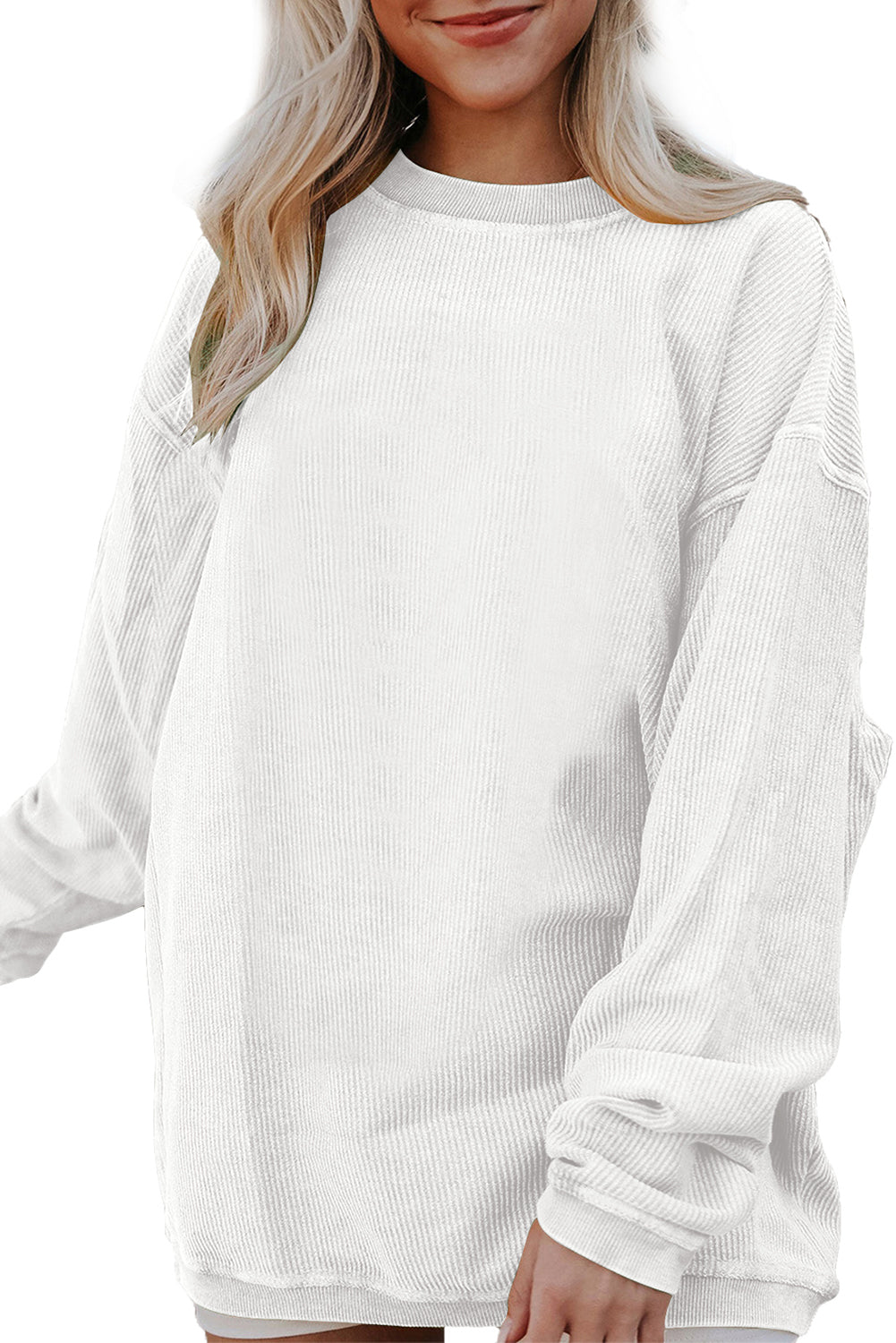 White Drop Shoulder Rib Knit Oversized Sweatshirt
