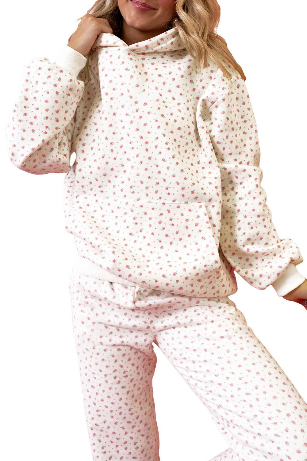 Pink Floral Kangaroo Pocket Hoodie Pants Set