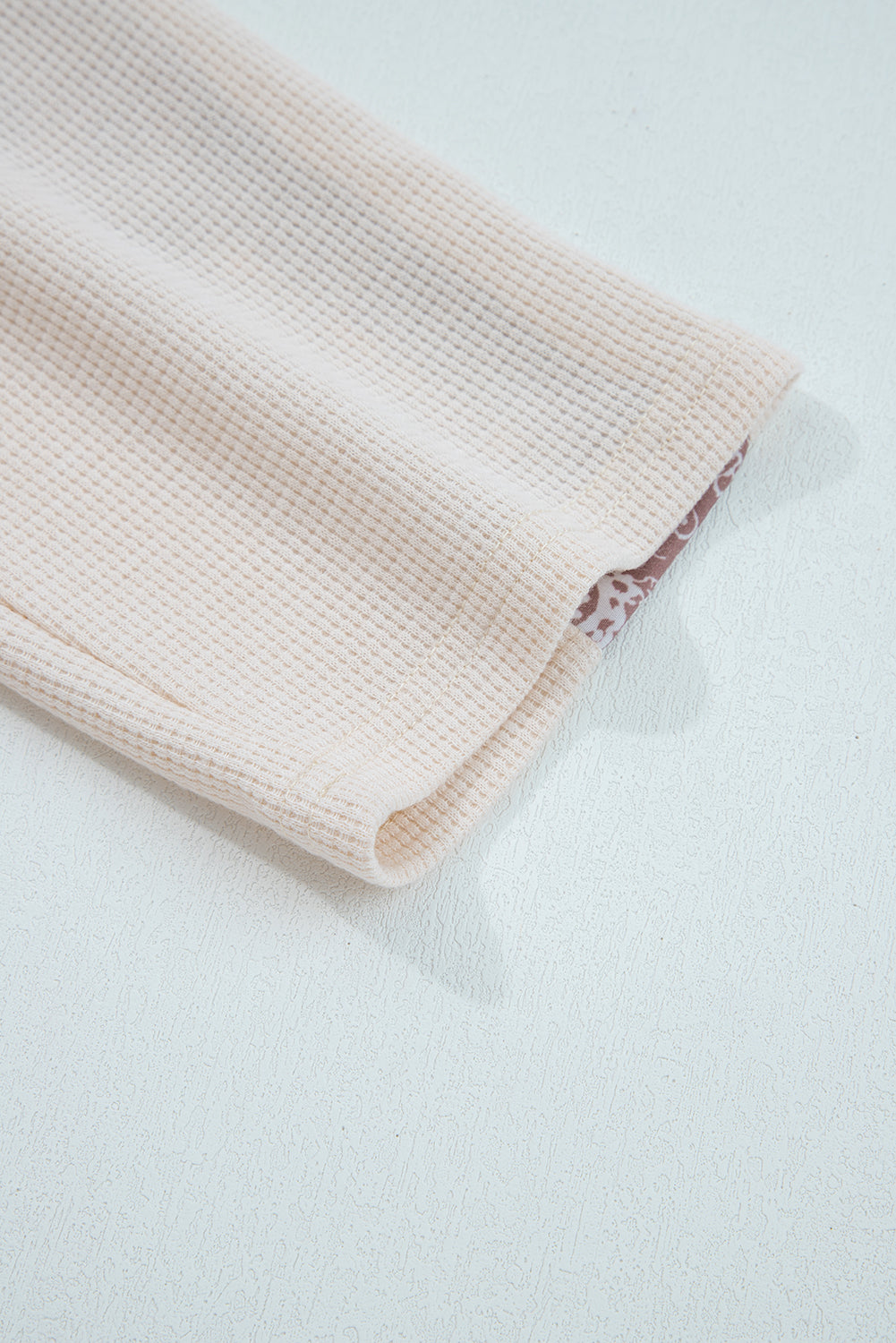 Beige Paisley Ethnic Print Waffle Patchwork Long Sleeve Loose Top