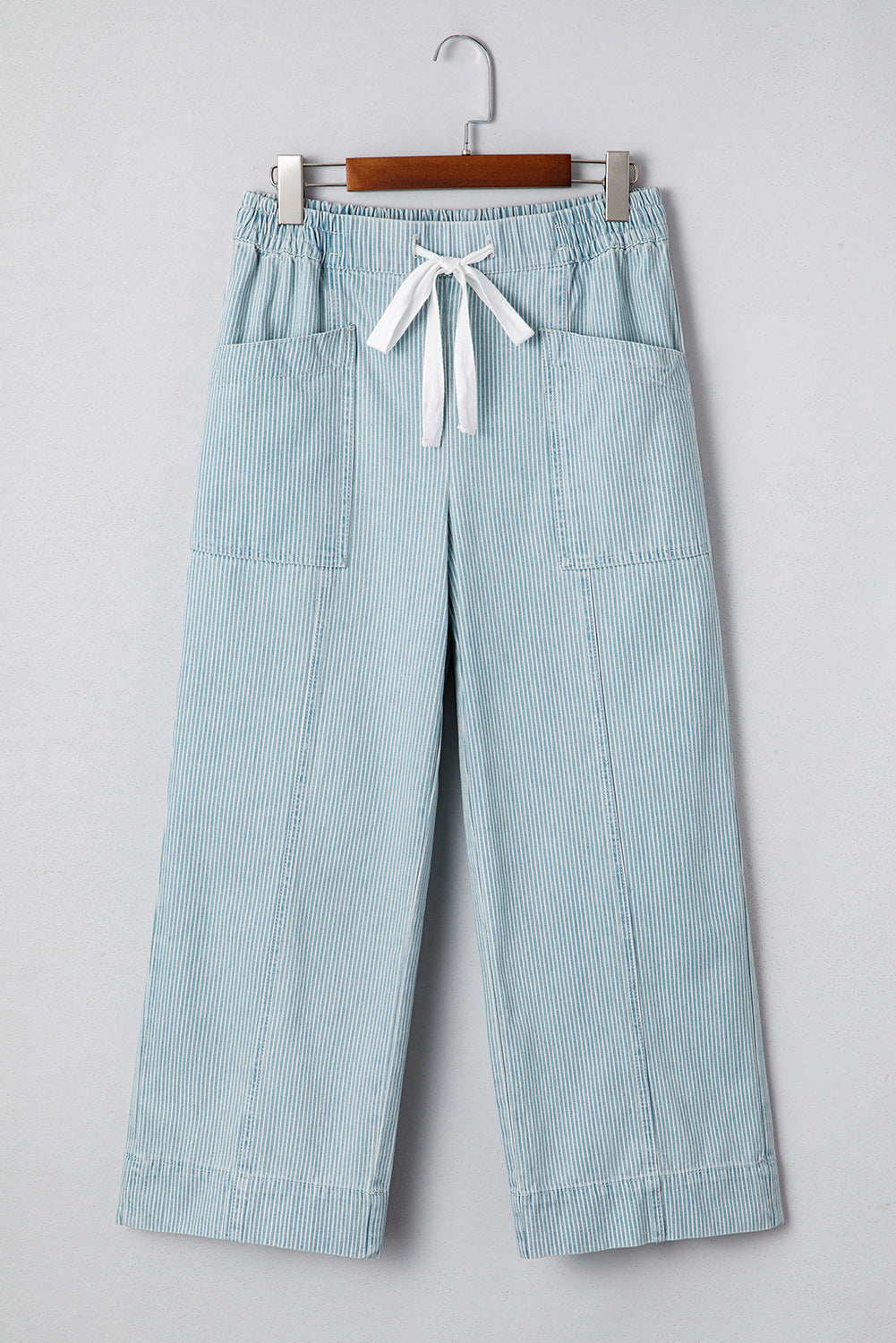 Sky Blue Striped Mid Rise Drawstring Waist Jeans