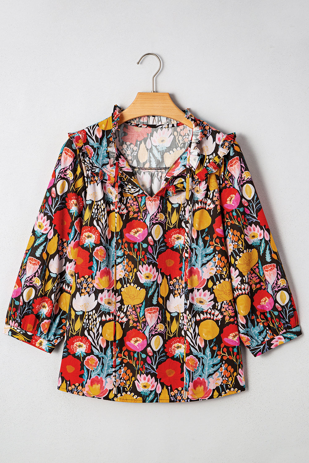 Black Floral Print 3/4 Puff Sleeve Frill Neck Blouse