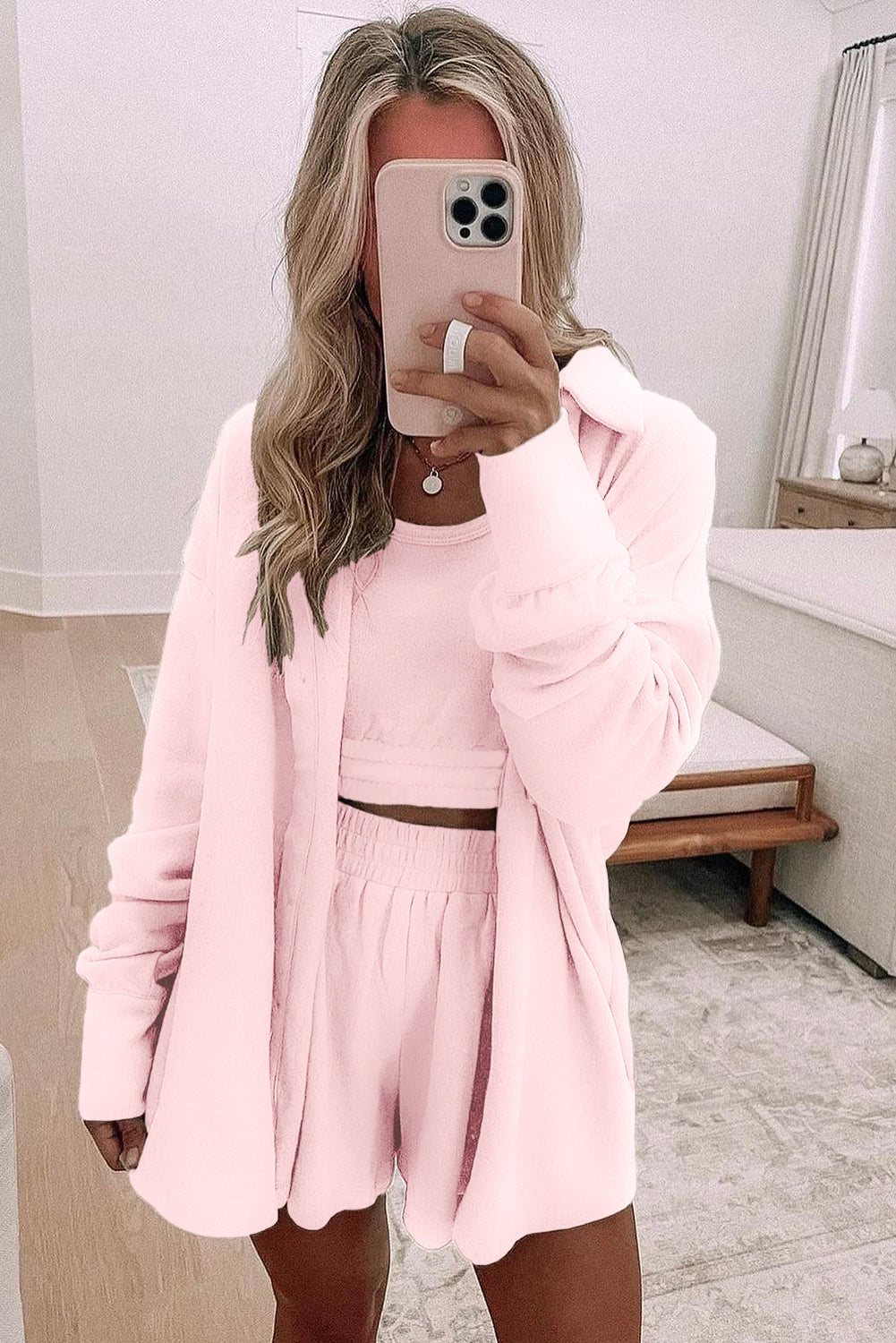 Light Pink Shirred Hem Crop Tank Top Loose Shorts Cardigan 3 Piece Pajama Set