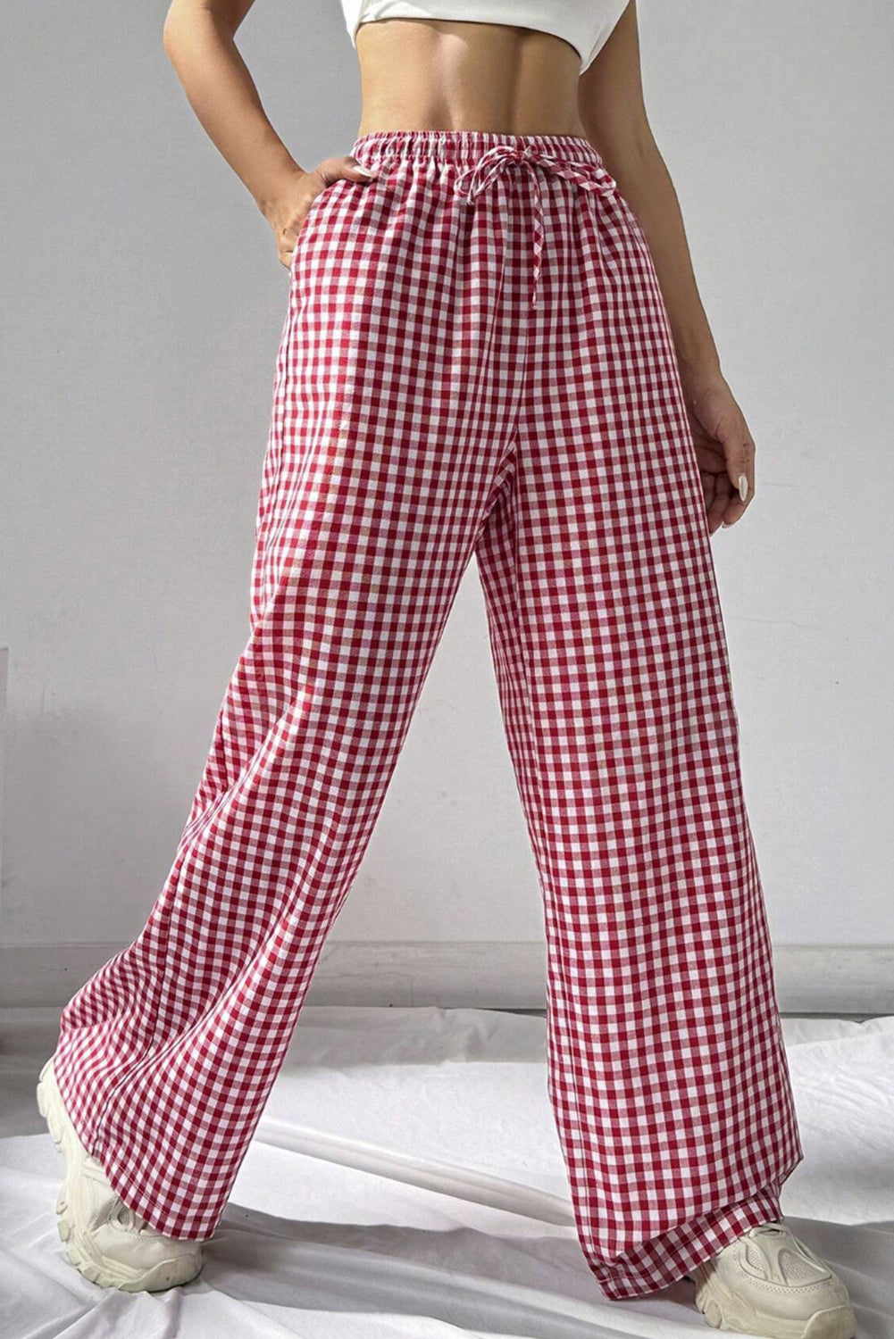 Red Plaid Knot Waist Pocket Casual Pants