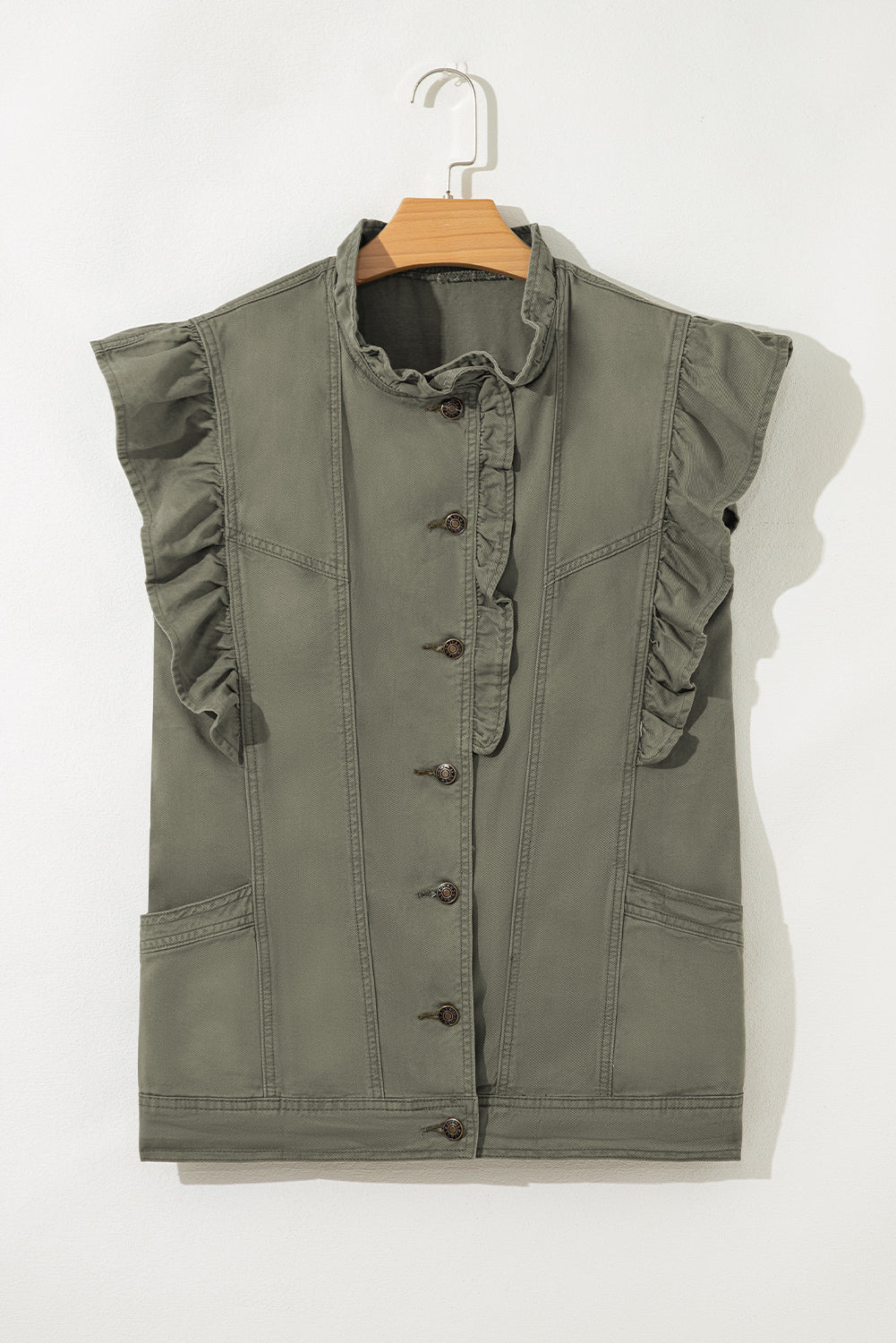 Green Bay Ruffle Plain Denim Jacket Vest