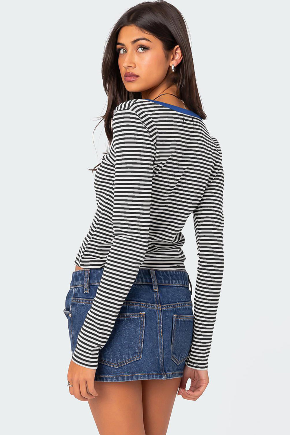 Black Stripe Contrast Trim Long Sleeve Henley Top