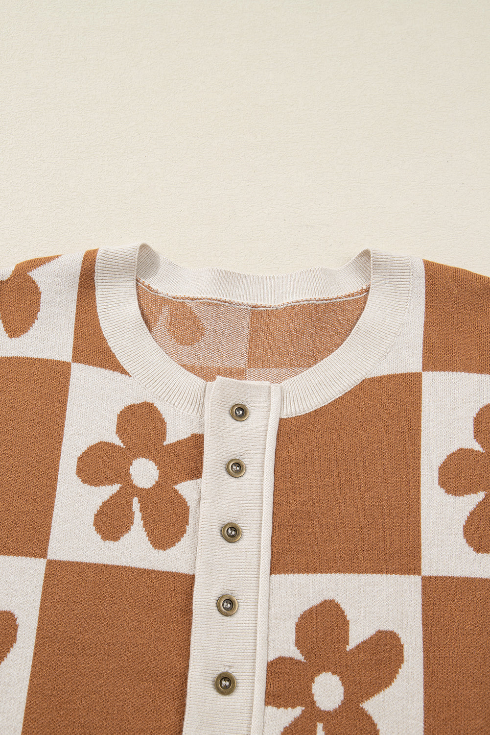 Thai Curry Flower Colorblock Checkered Henley Sweater