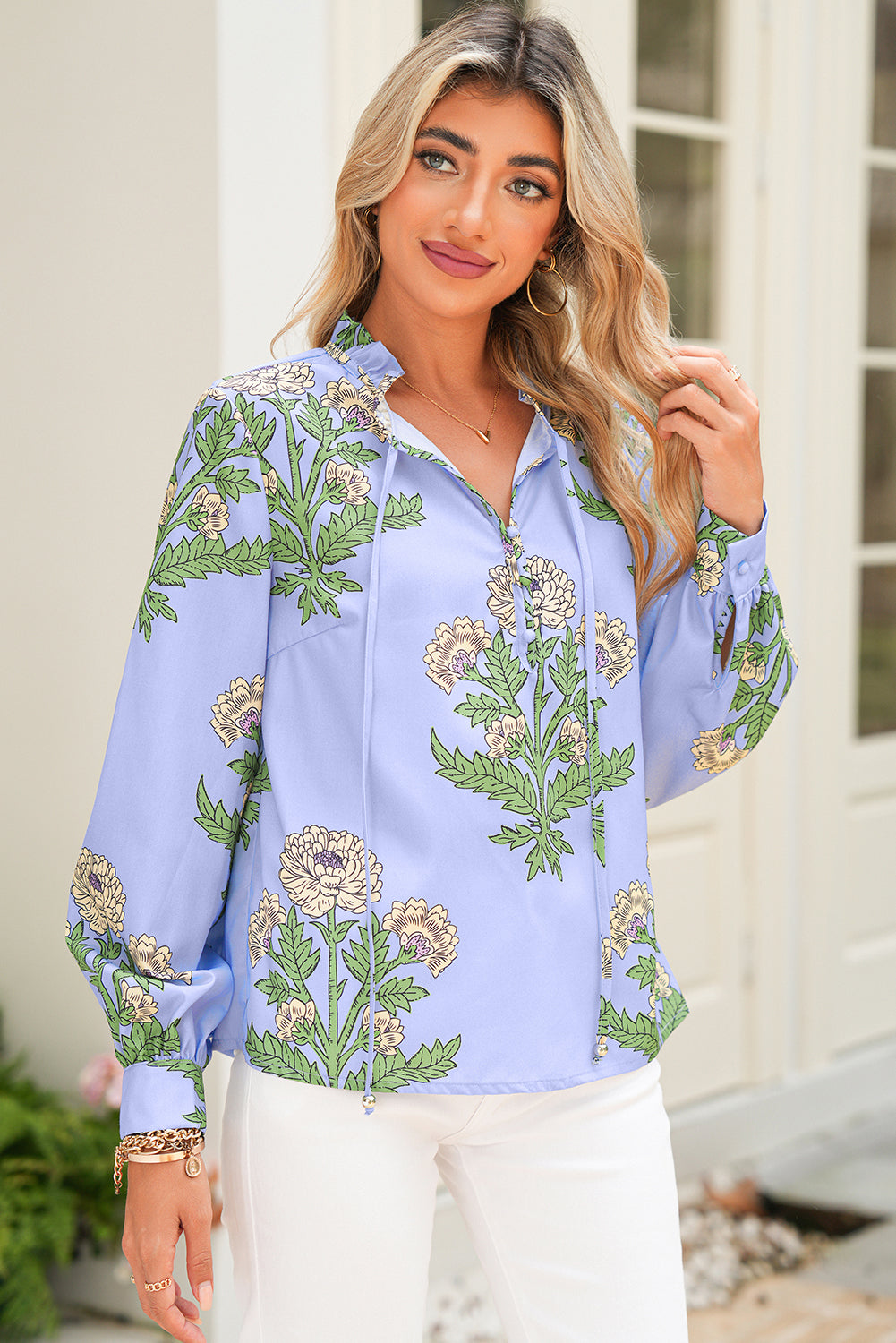 Sky Blue Floral Print V Neck Bubble Sleeve Blouse