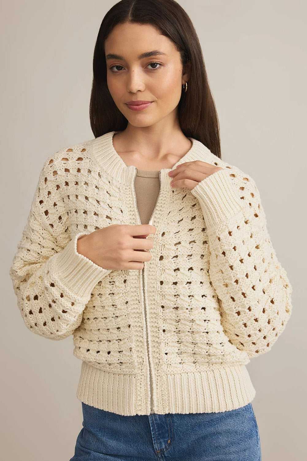 Beige Hollowed Pattern Knit Zip Up Drop Shoulder Cardigan