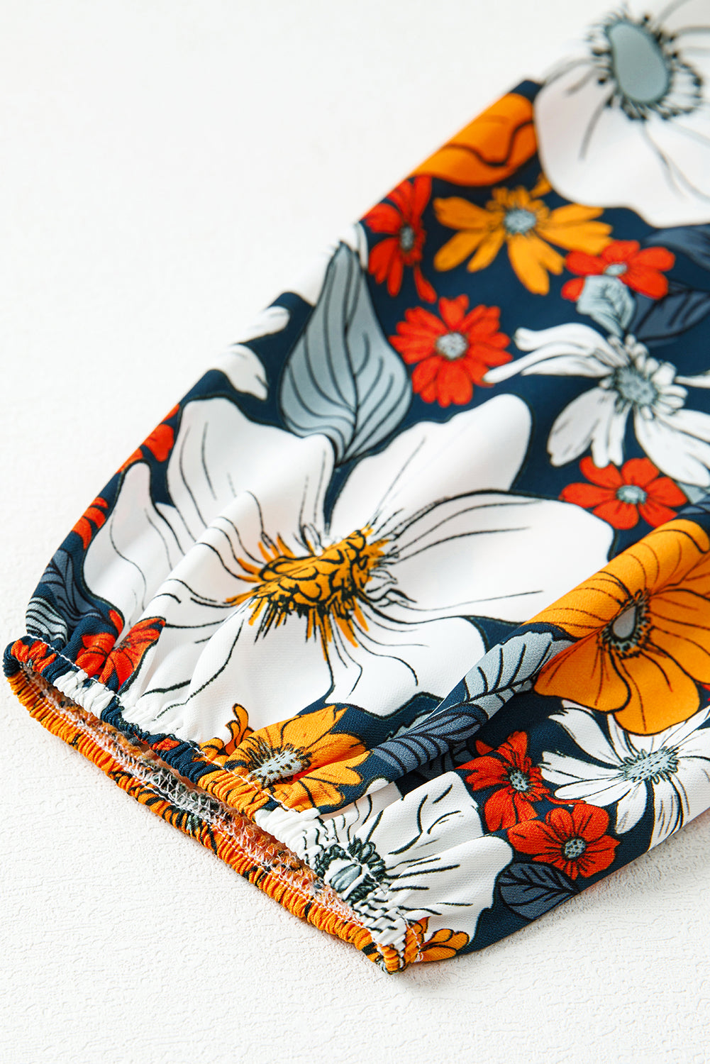 Orange Floral Print Striped Lace V Neck Long Sleeve Mini Dress